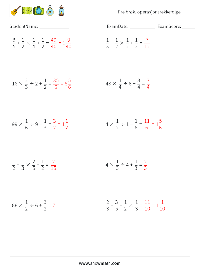 (10) fire brøk, operasjonsrekkefølge MathWorksheets 10 QuestionAnswer