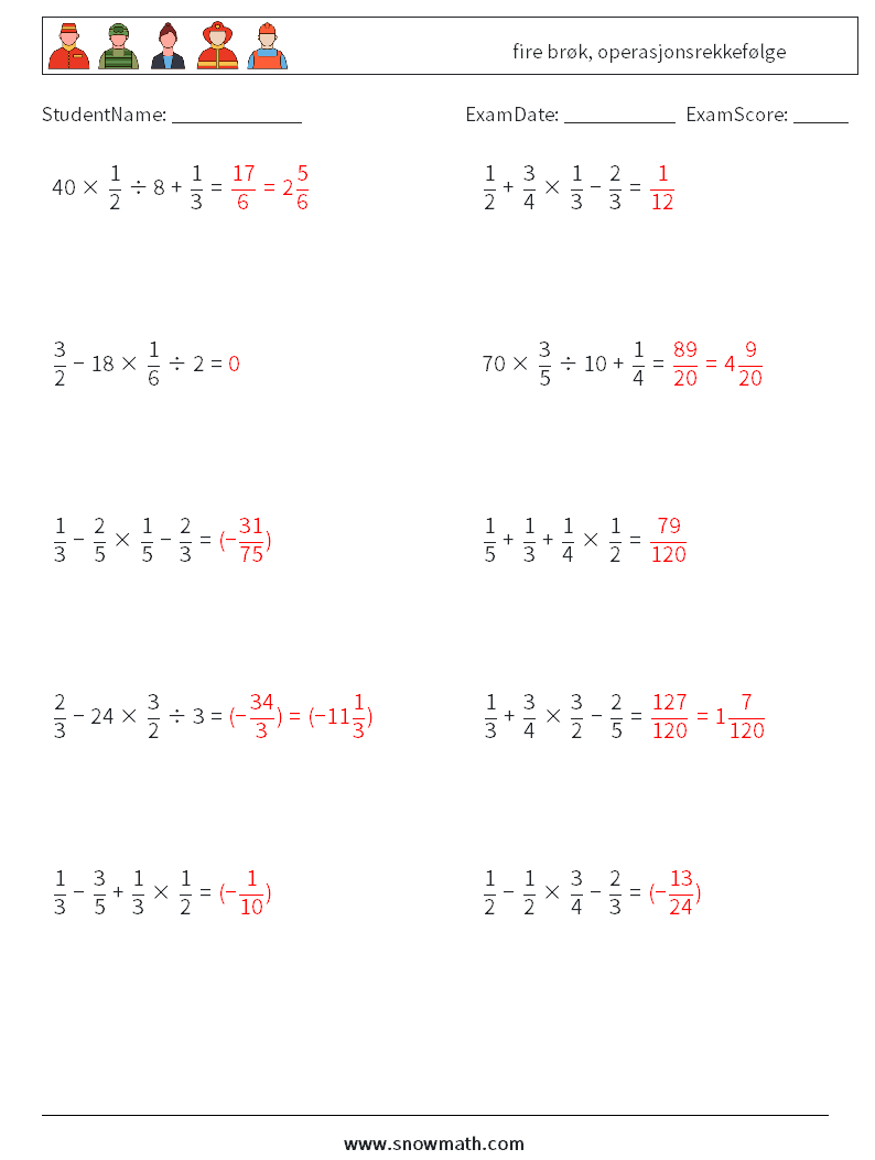 (10) fire brøk, operasjonsrekkefølge MathWorksheets 12 QuestionAnswer