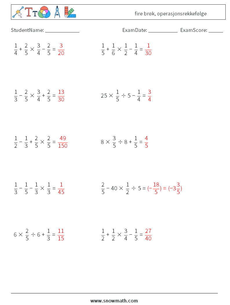 (10) fire brøk, operasjonsrekkefølge MathWorksheets 13 QuestionAnswer