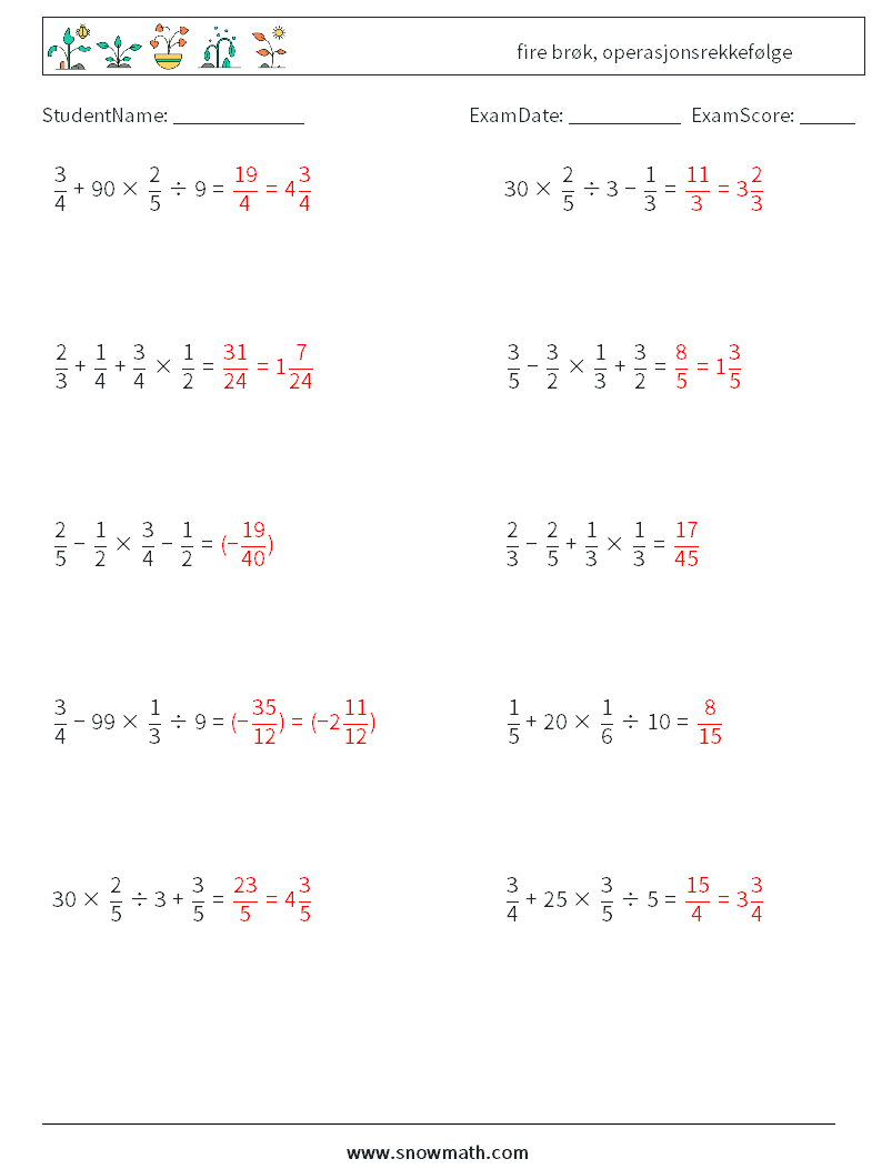 (10) fire brøk, operasjonsrekkefølge MathWorksheets 18 QuestionAnswer