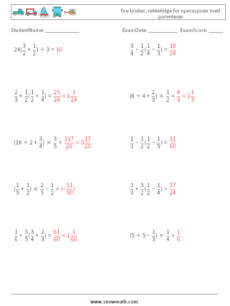 (10) fire brøker, rekkefølge for operasjoner med parenteser MathWorksheets 12 QuestionAnswer