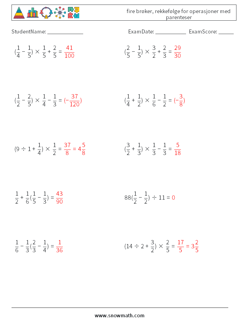 (10) fire brøker, rekkefølge for operasjoner med parenteser MathWorksheets 13 QuestionAnswer