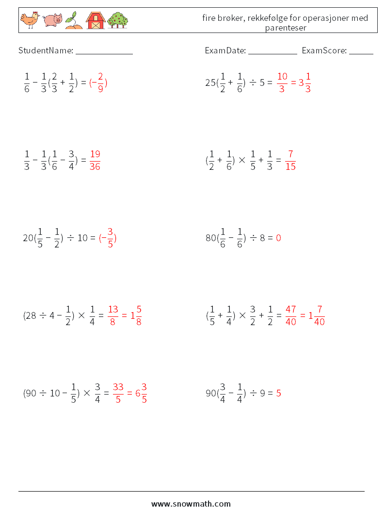 (10) fire brøker, rekkefølge for operasjoner med parenteser MathWorksheets 17 QuestionAnswer