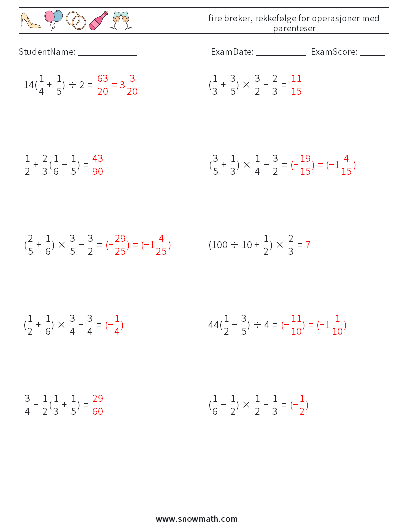 (10) fire brøker, rekkefølge for operasjoner med parenteser MathWorksheets 18 QuestionAnswer