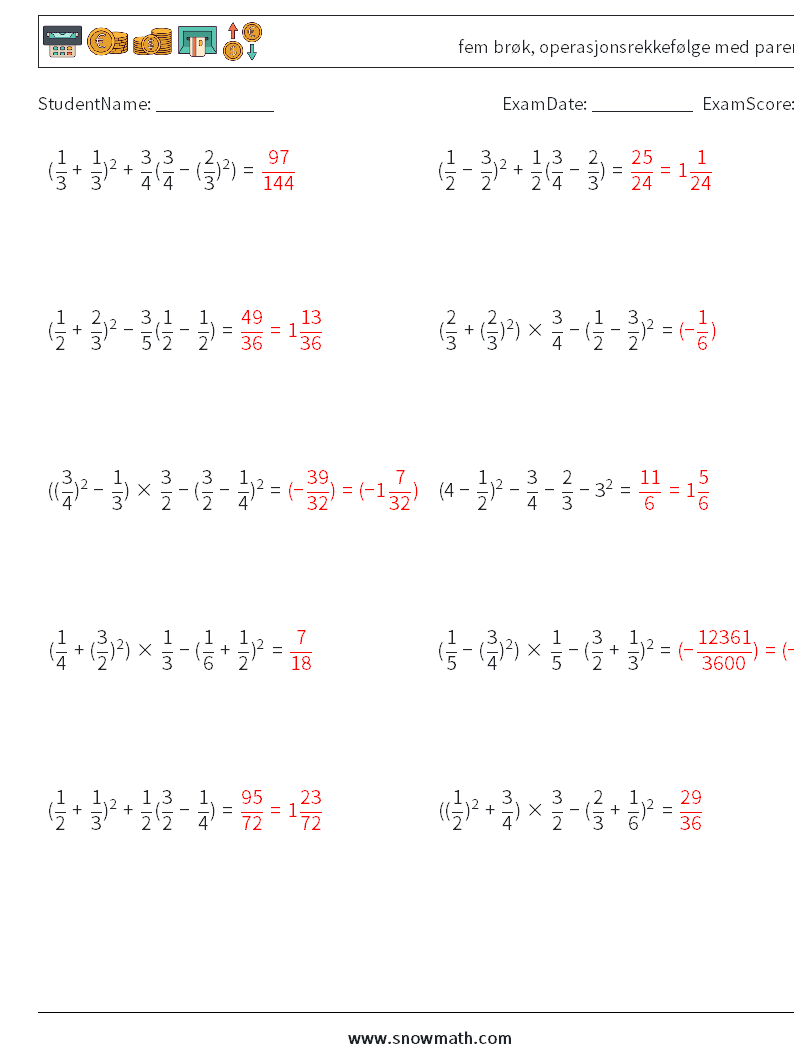 (10) fem brøk, operasjonsrekkefølge med parenteser MathWorksheets 10 QuestionAnswer