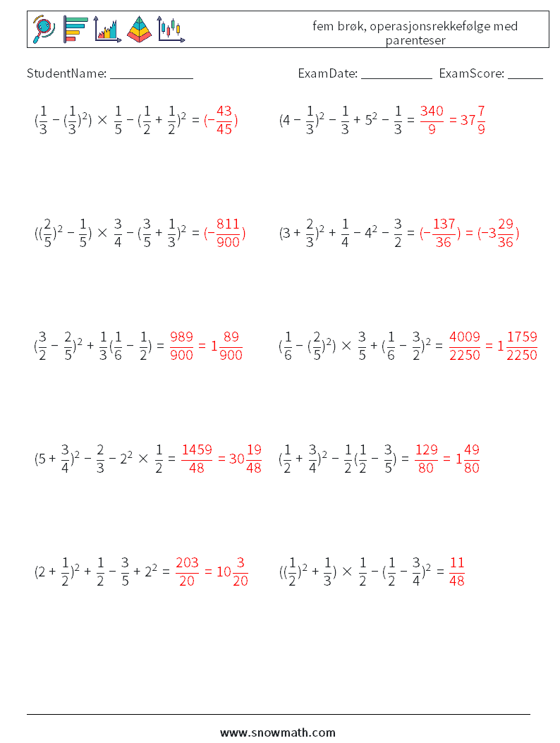 (10) fem brøk, operasjonsrekkefølge med parenteser MathWorksheets 13 QuestionAnswer