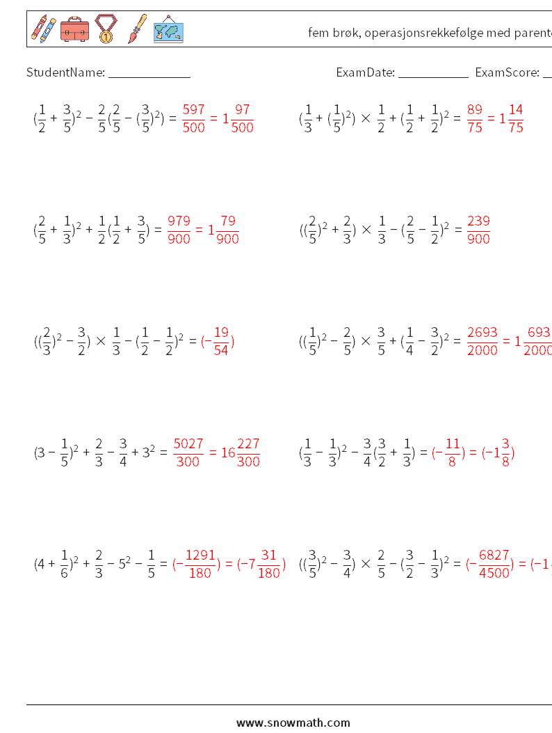 (10) fem brøk, operasjonsrekkefølge med parenteser MathWorksheets 14 QuestionAnswer