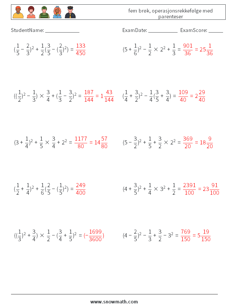 (10) fem brøk, operasjonsrekkefølge med parenteser MathWorksheets 15 QuestionAnswer