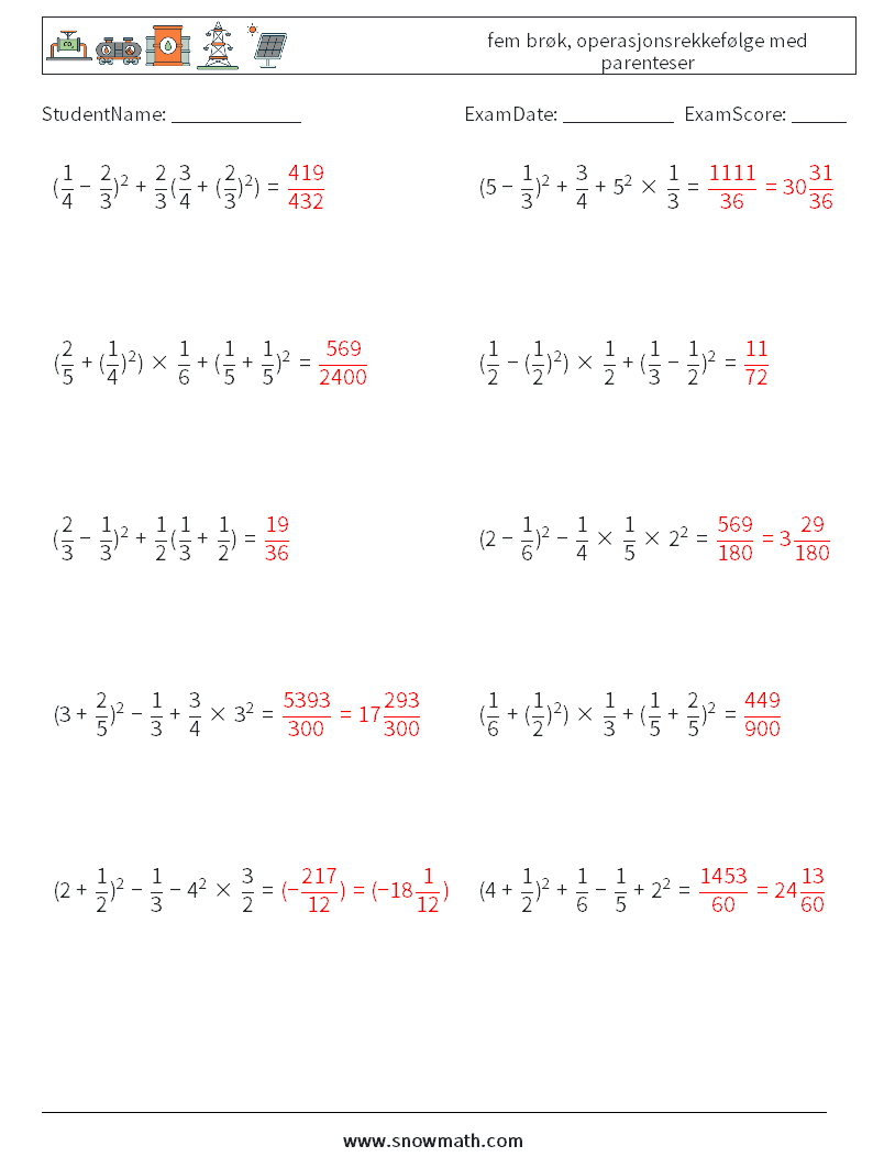 (10) fem brøk, operasjonsrekkefølge med parenteser MathWorksheets 17 QuestionAnswer