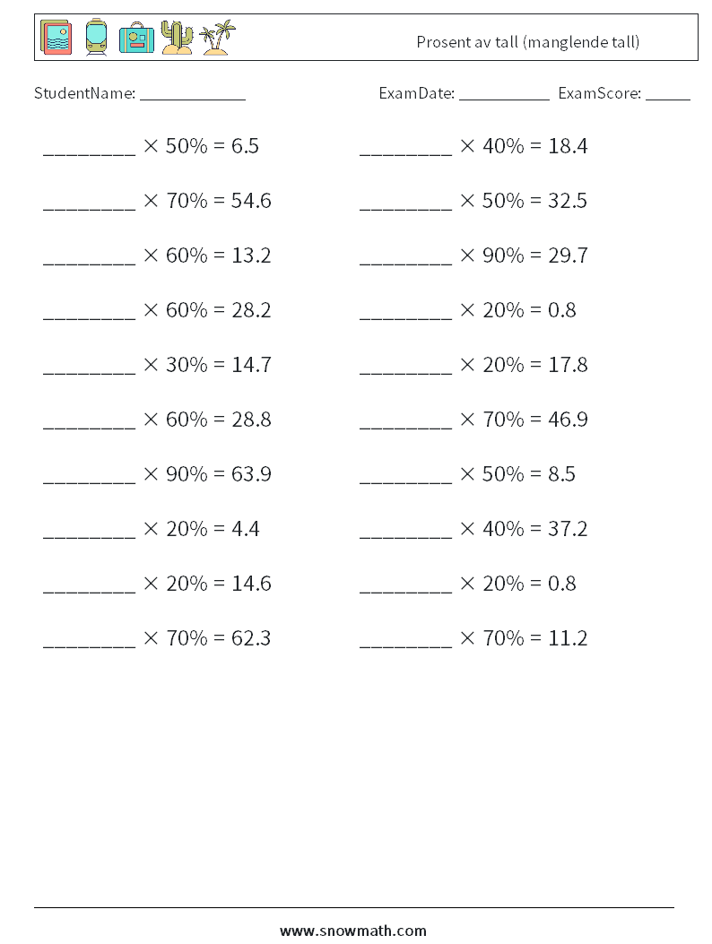 Prosent av tall (manglende tall) MathWorksheets 2