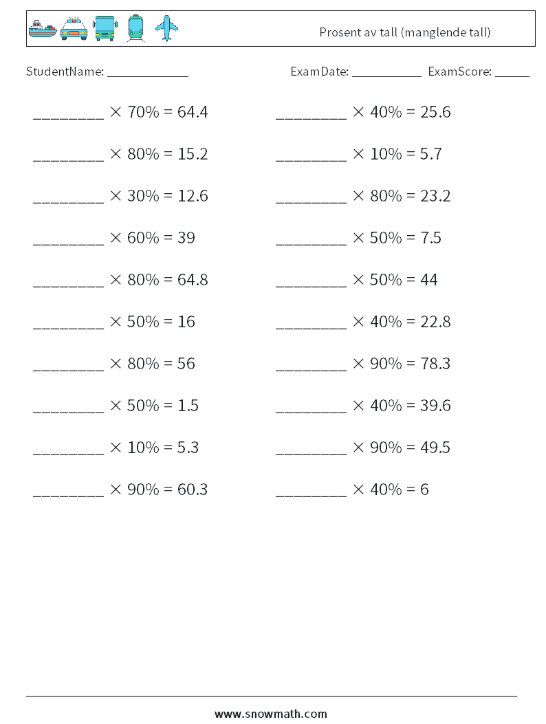 Prosent av tall (manglende tall) MathWorksheets 3