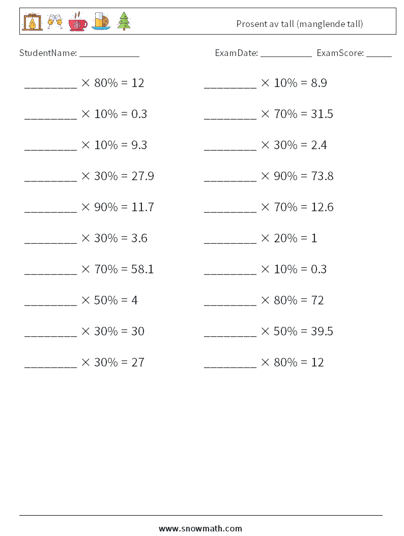 Prosent av tall (manglende tall) MathWorksheets 4