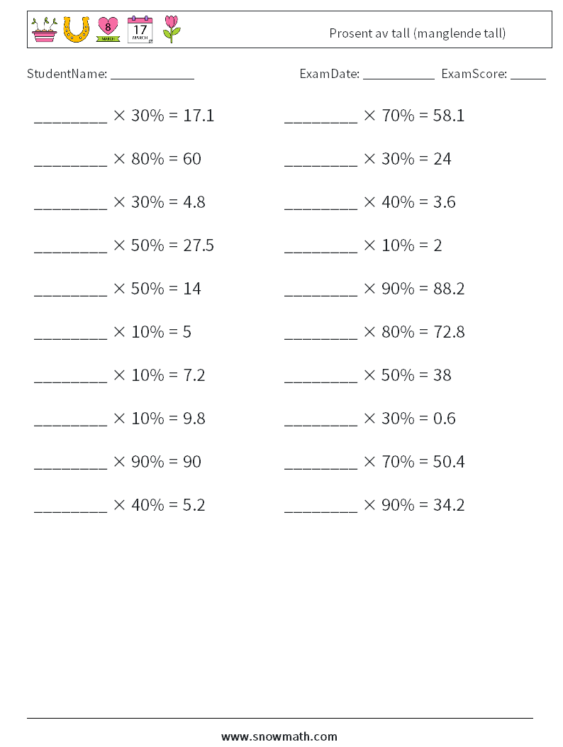 Prosent av tall (manglende tall) MathWorksheets 5