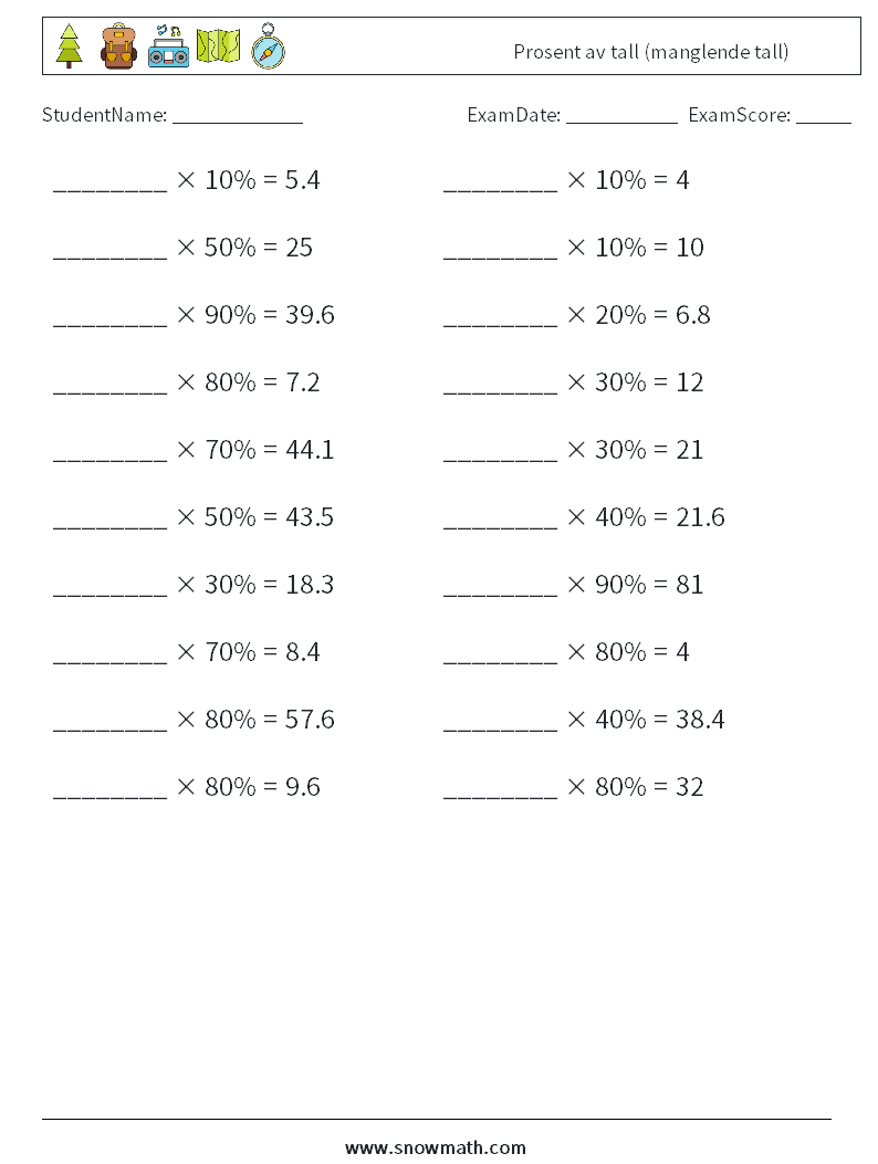 Prosent av tall (manglende tall) MathWorksheets 7