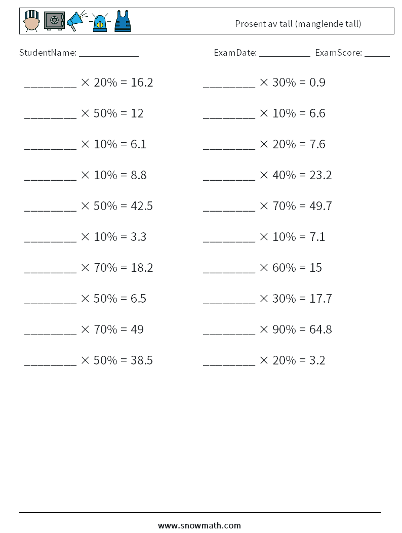 Prosent av tall (manglende tall) MathWorksheets 9