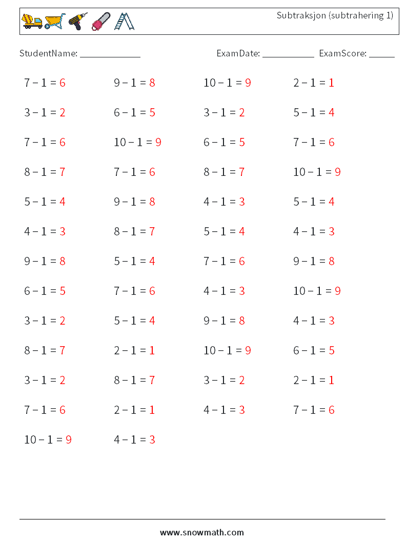 (50) Subtraksjon (subtrahering 1) MathWorksheets 1 QuestionAnswer