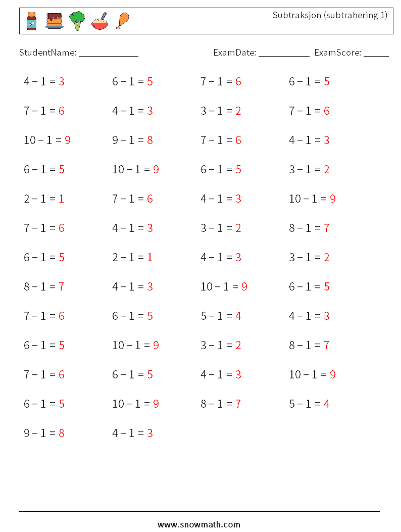 (50) Subtraksjon (subtrahering 1) MathWorksheets 2 QuestionAnswer