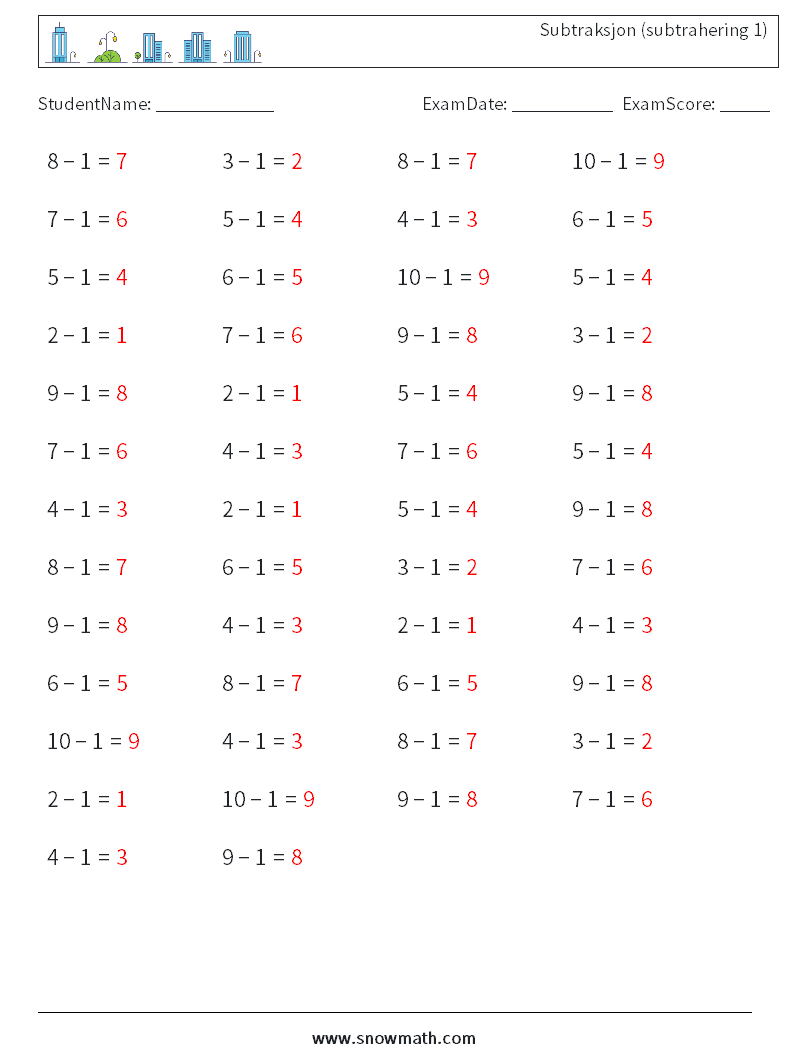 (50) Subtraksjon (subtrahering 1) MathWorksheets 3 QuestionAnswer