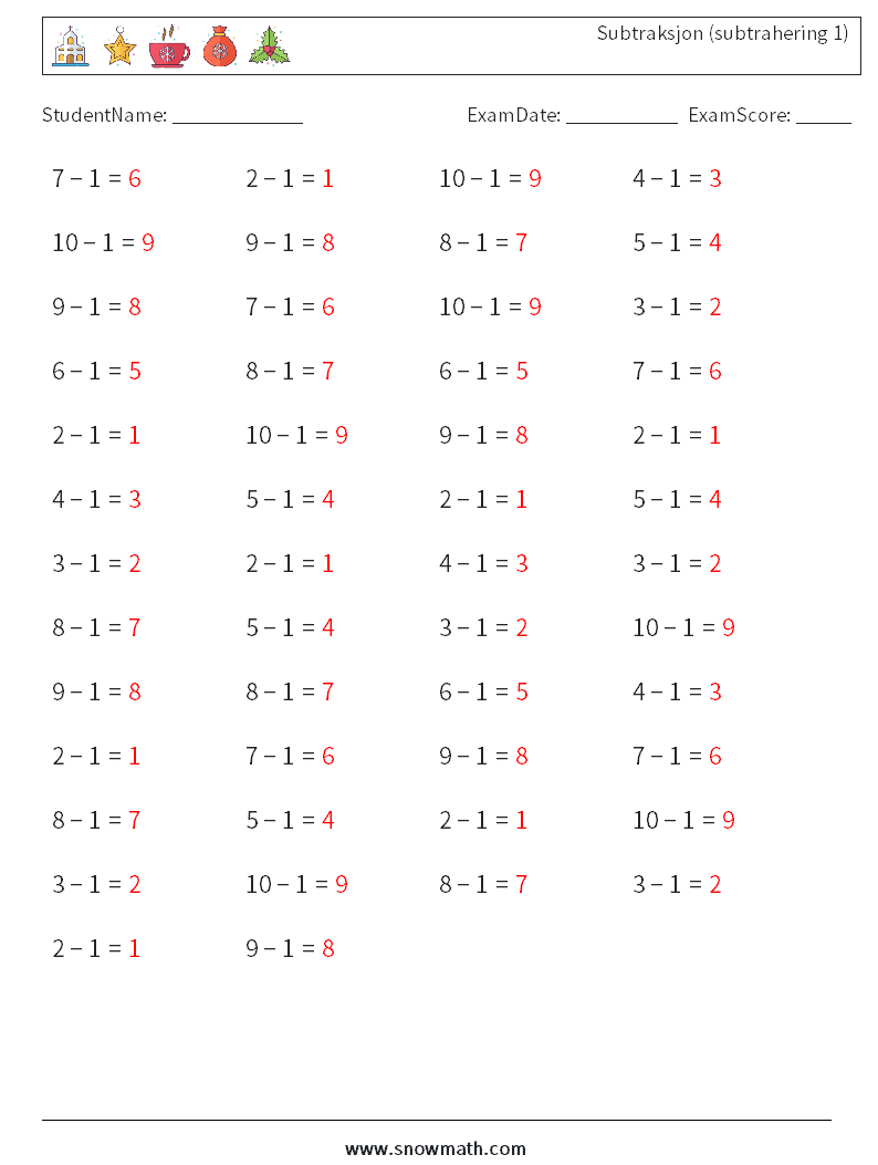 (50) Subtraksjon (subtrahering 1) MathWorksheets 4 QuestionAnswer