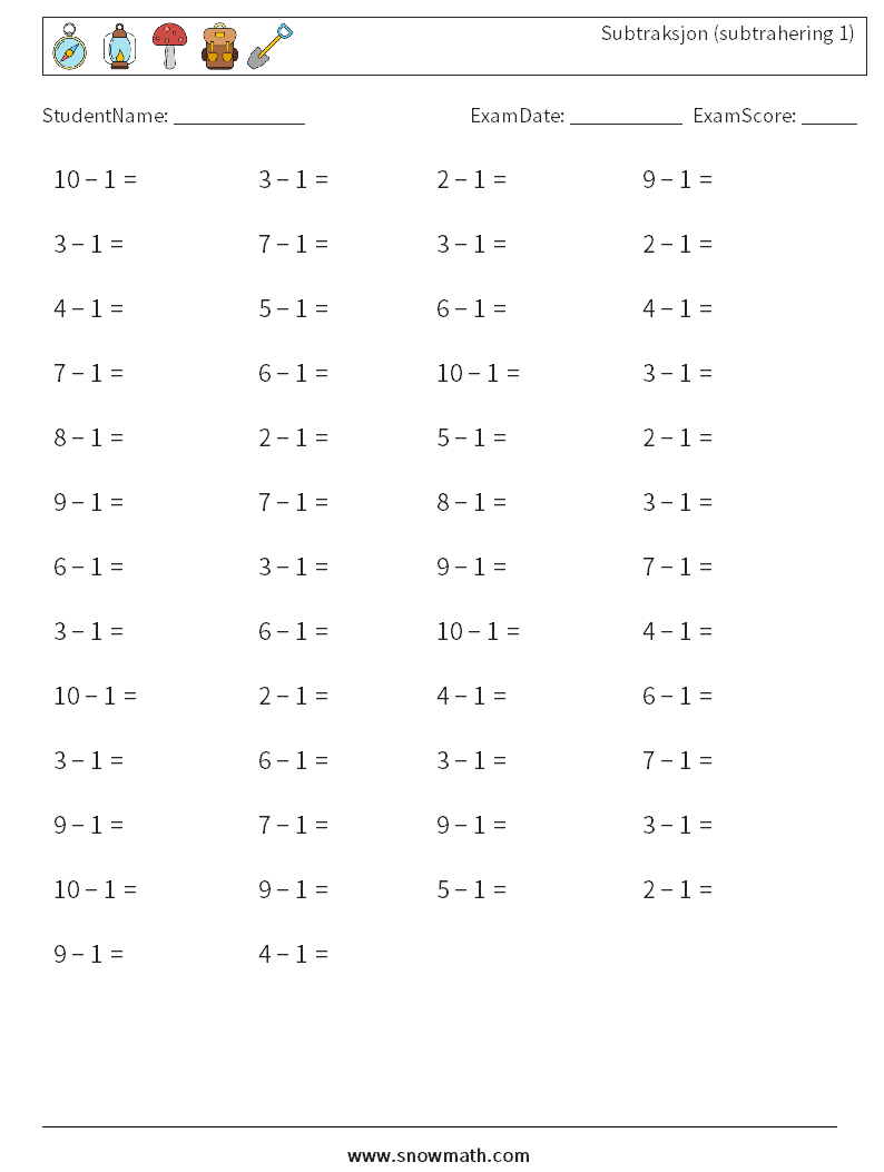 (50) Subtraksjon (subtrahering 1) MathWorksheets 5
