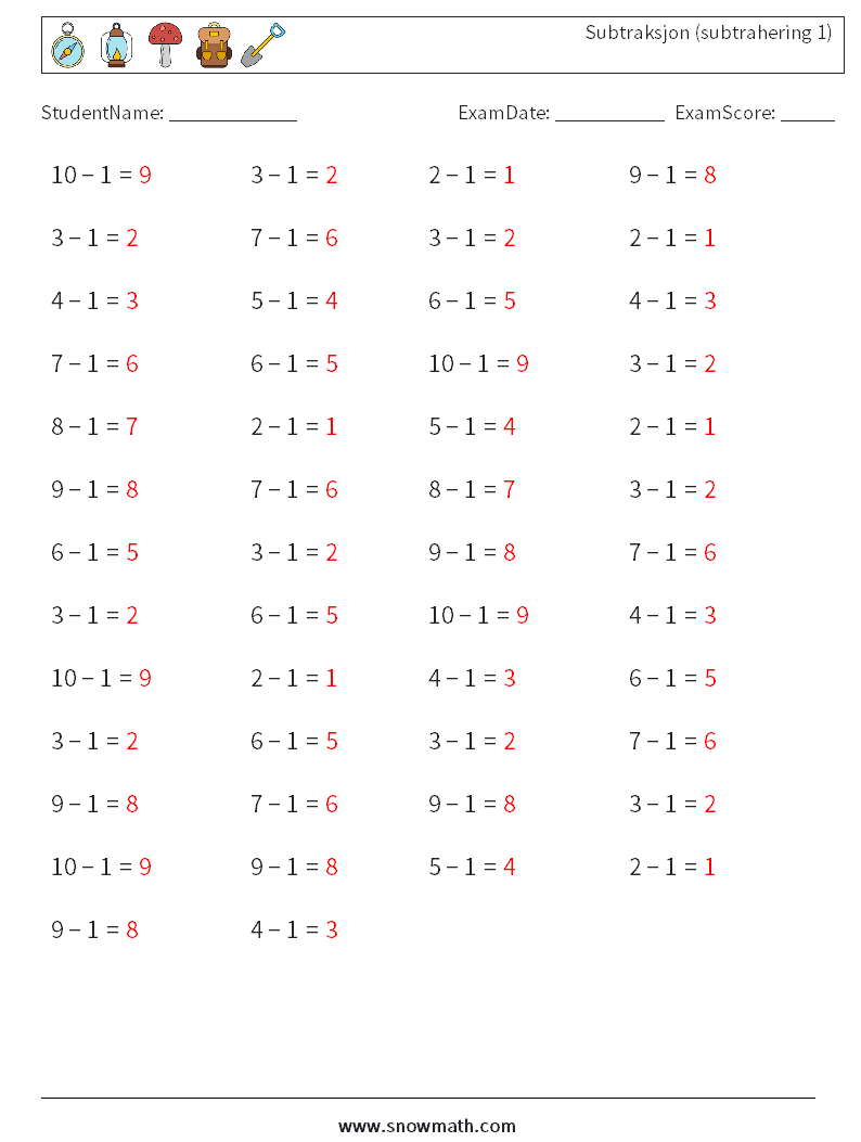 (50) Subtraksjon (subtrahering 1) MathWorksheets 5 QuestionAnswer
