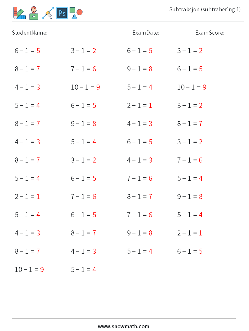 (50) Subtraksjon (subtrahering 1) MathWorksheets 6 QuestionAnswer