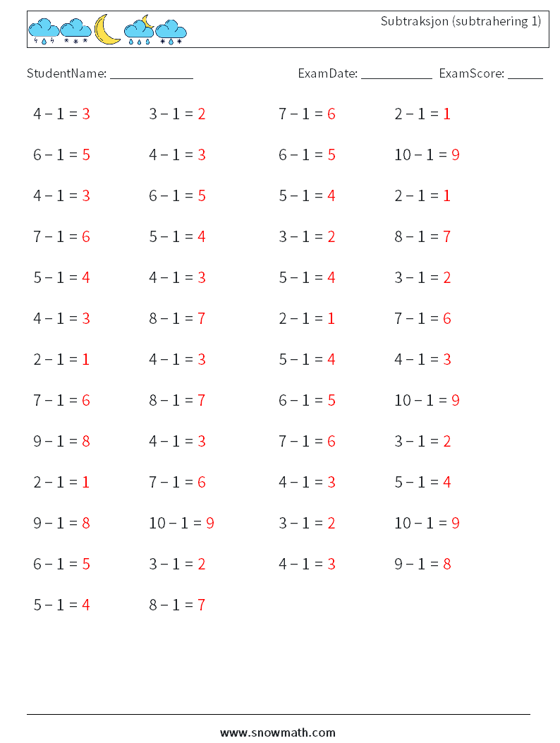 (50) Subtraksjon (subtrahering 1) MathWorksheets 7 QuestionAnswer