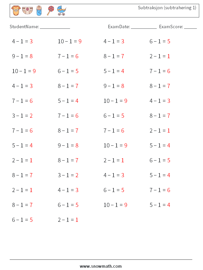 (50) Subtraksjon (subtrahering 1) MathWorksheets 8 QuestionAnswer