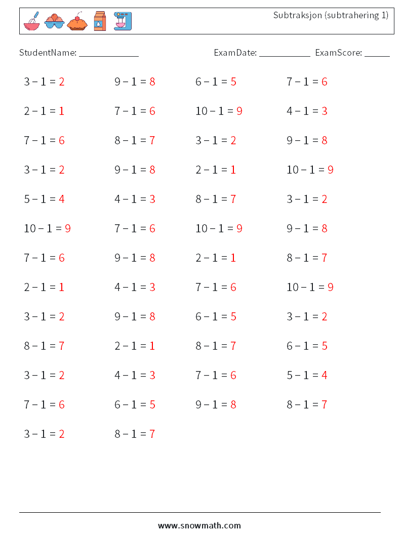 (50) Subtraksjon (subtrahering 1) MathWorksheets 9 QuestionAnswer
