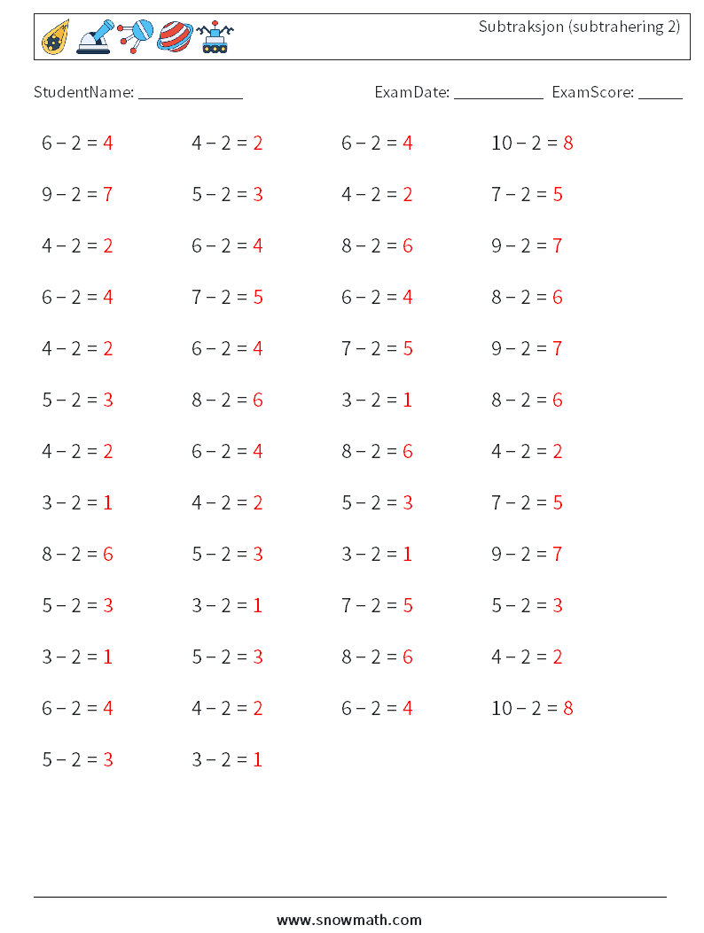 (50) Subtraksjon (subtrahering 2) MathWorksheets 2 QuestionAnswer