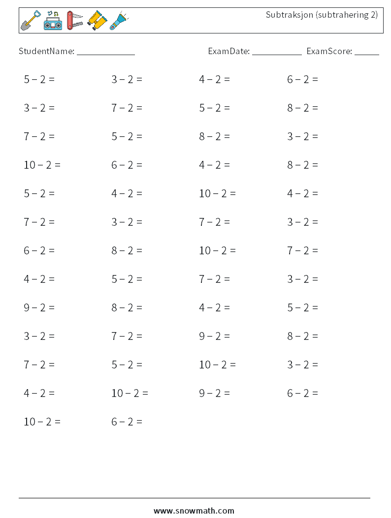 (50) Subtraksjon (subtrahering 2) MathWorksheets 3