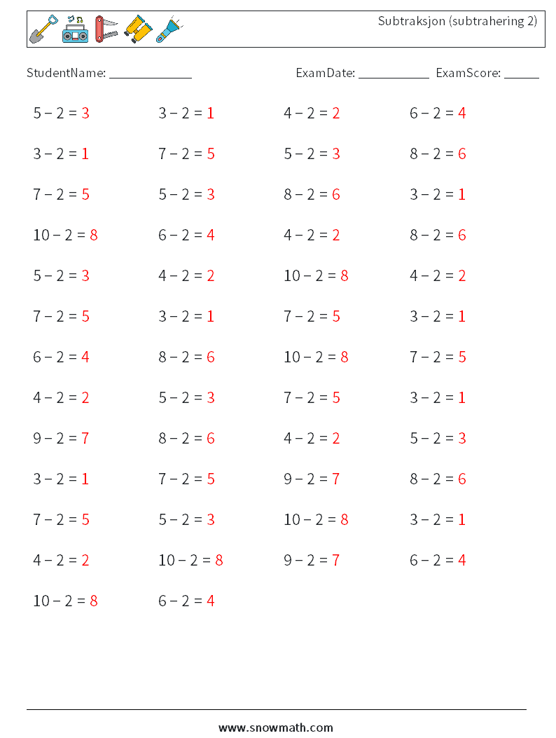 (50) Subtraksjon (subtrahering 2) MathWorksheets 3 QuestionAnswer