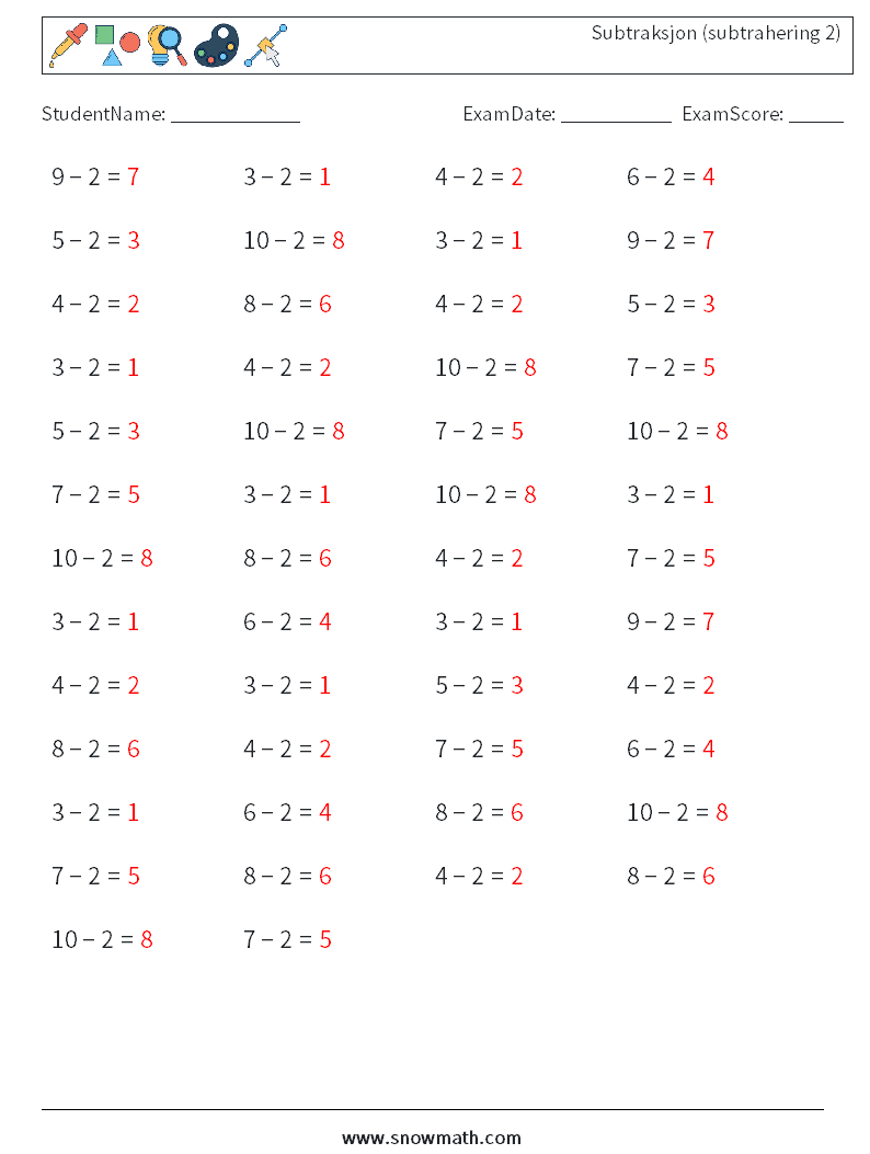 (50) Subtraksjon (subtrahering 2) MathWorksheets 4 QuestionAnswer