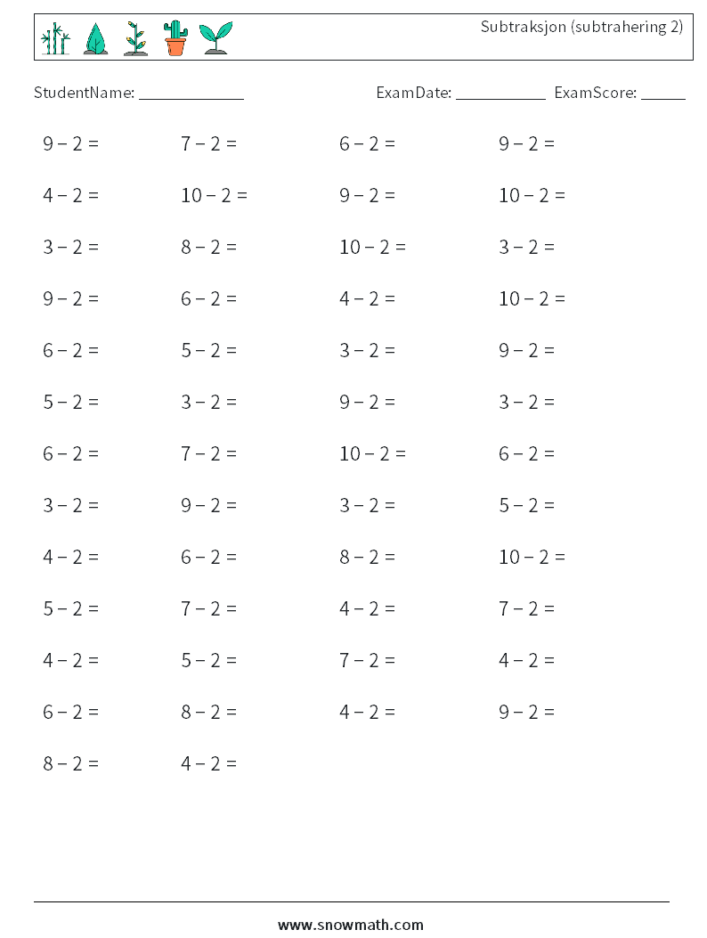 (50) Subtraksjon (subtrahering 2) MathWorksheets 5