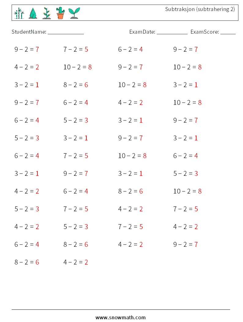(50) Subtraksjon (subtrahering 2) MathWorksheets 5 QuestionAnswer