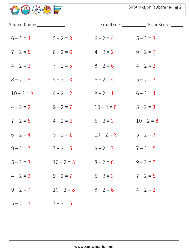 (50) Subtraksjon (subtrahering 2) MathWorksheets 7 QuestionAnswer