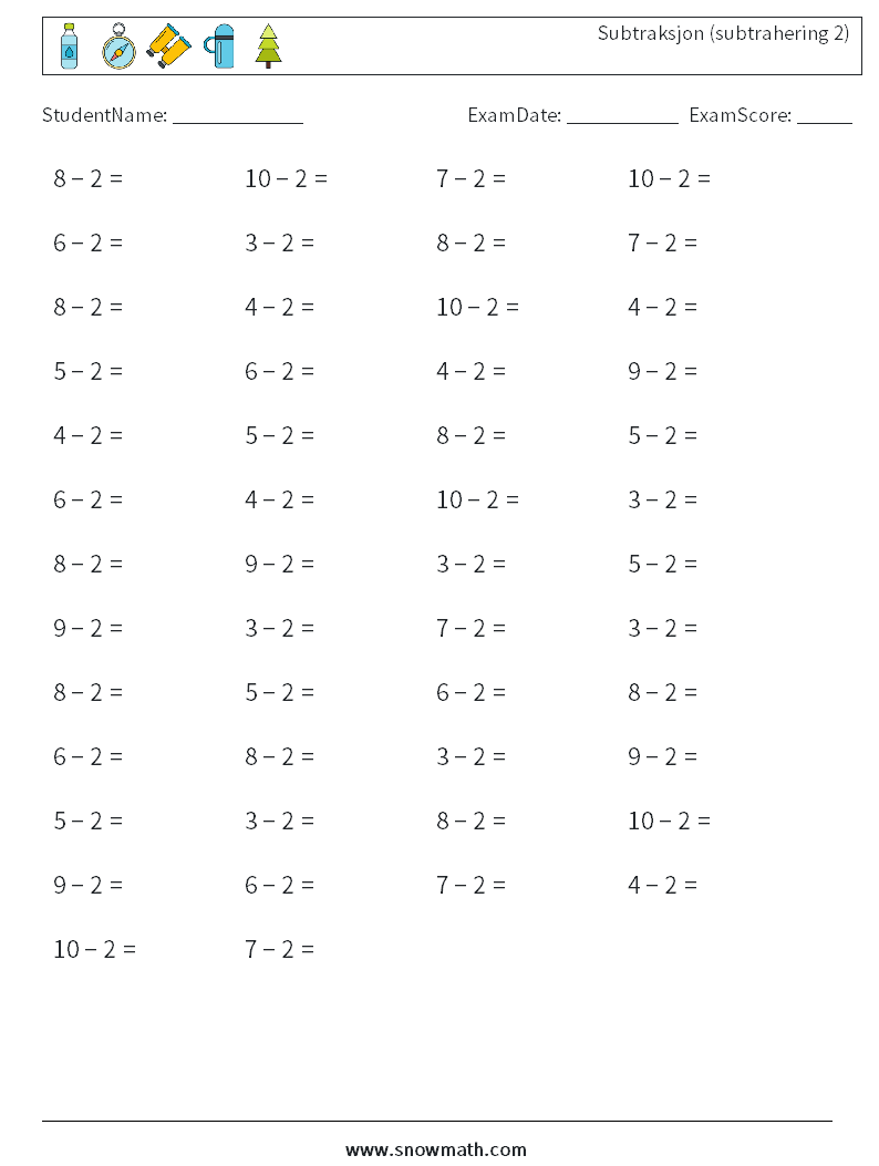 (50) Subtraksjon (subtrahering 2) MathWorksheets 9