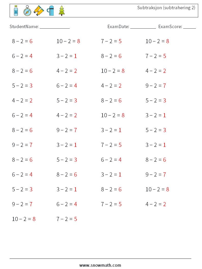 (50) Subtraksjon (subtrahering 2) MathWorksheets 9 QuestionAnswer