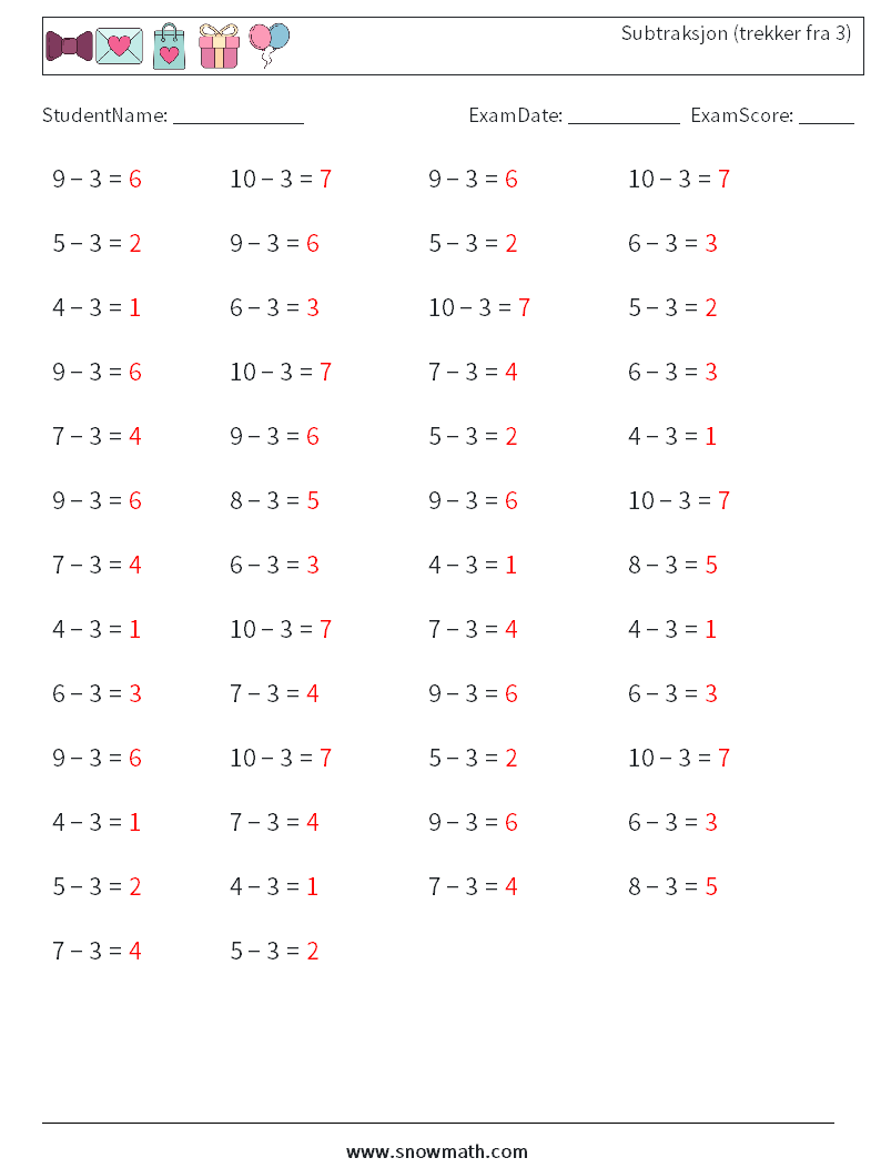 (50) Subtraksjon (trekker fra 3) MathWorksheets 1 QuestionAnswer