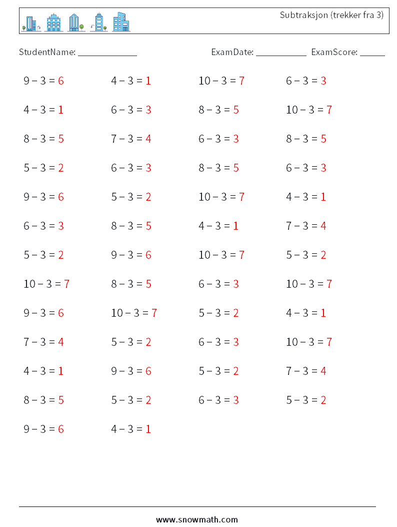 (50) Subtraksjon (trekker fra 3) MathWorksheets 7 QuestionAnswer