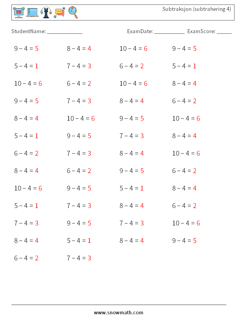 (50) Subtraksjon (subtrahering 4) MathWorksheets 1 QuestionAnswer