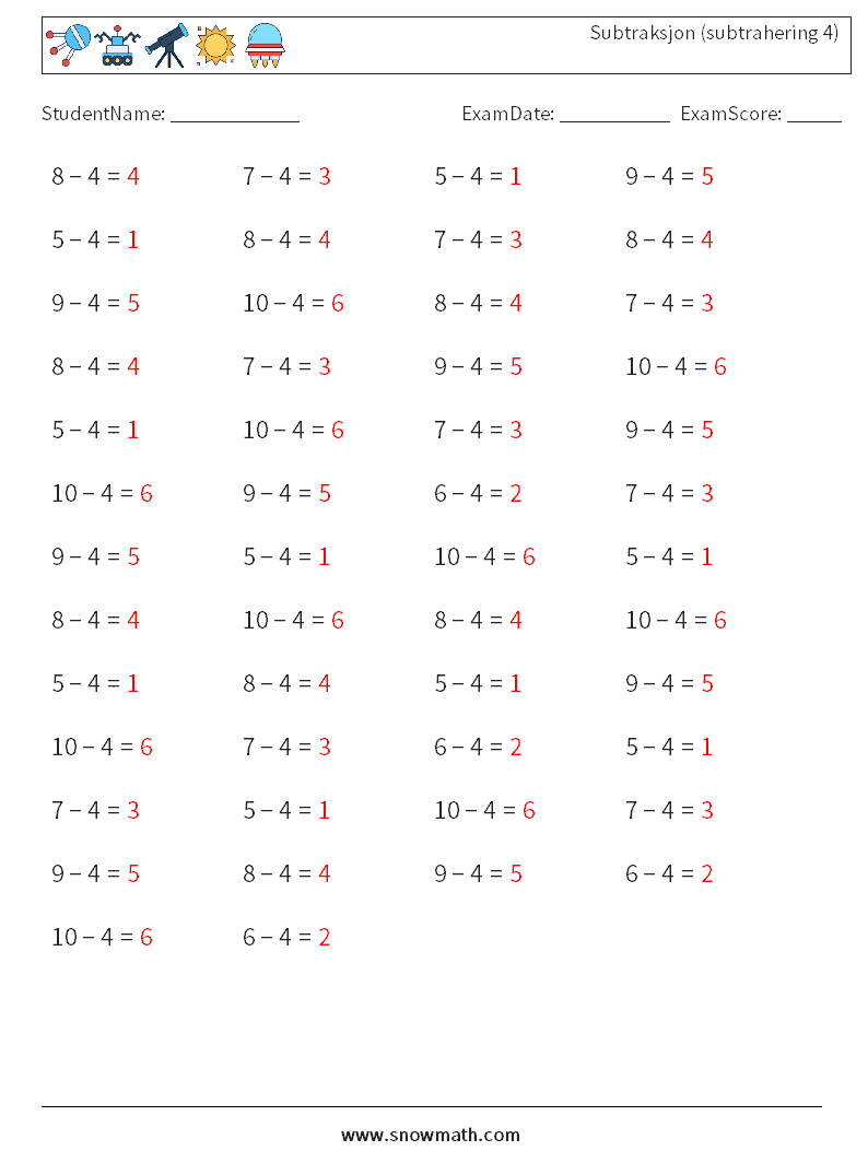 (50) Subtraksjon (subtrahering 4) MathWorksheets 4 QuestionAnswer