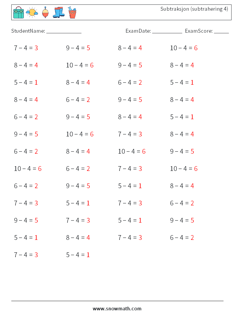 (50) Subtraksjon (subtrahering 4) MathWorksheets 9 QuestionAnswer