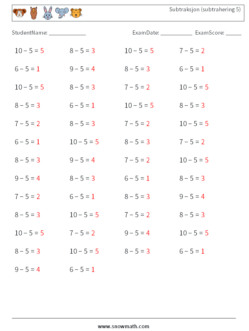 (50) Subtraksjon (subtrahering 5) MathWorksheets 1 QuestionAnswer