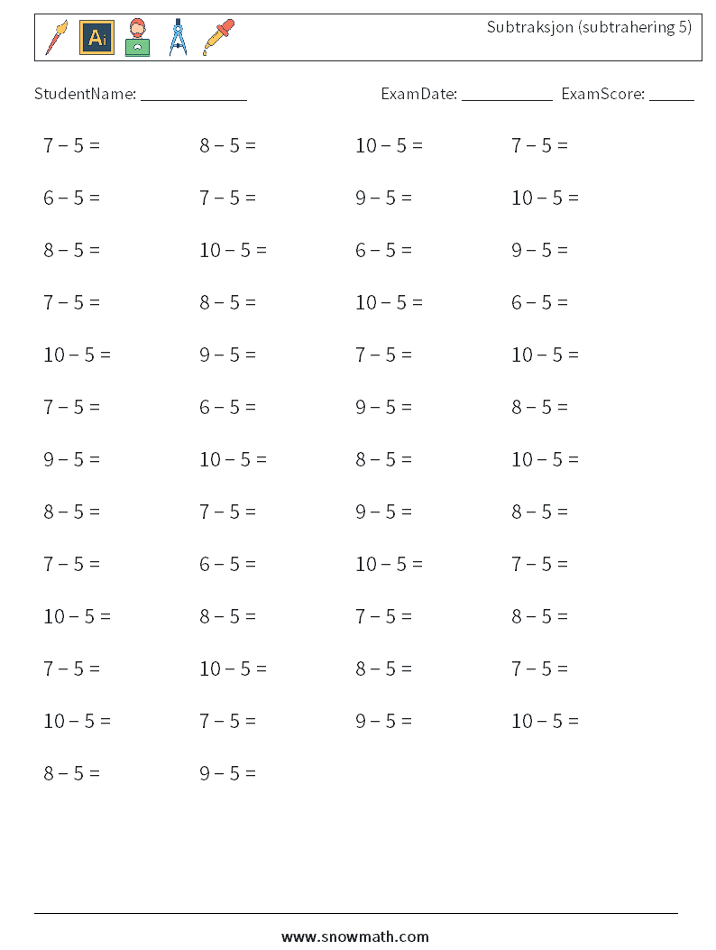 (50) Subtraksjon (subtrahering 5) MathWorksheets 2