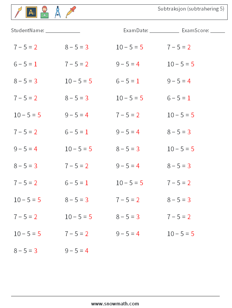 (50) Subtraksjon (subtrahering 5) MathWorksheets 2 QuestionAnswer
