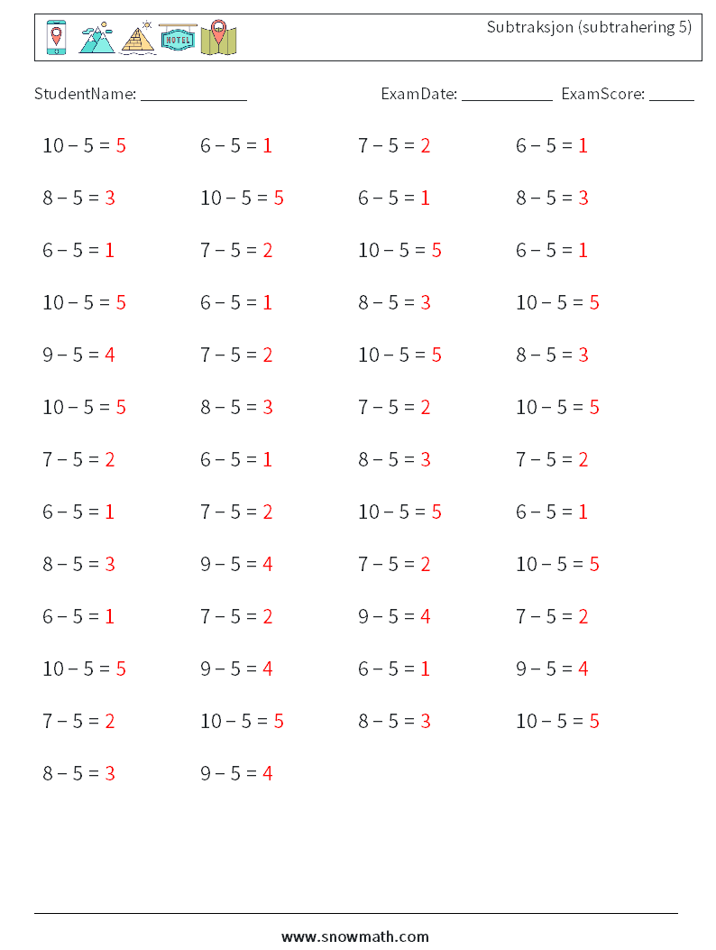 (50) Subtraksjon (subtrahering 5) MathWorksheets 3 QuestionAnswer