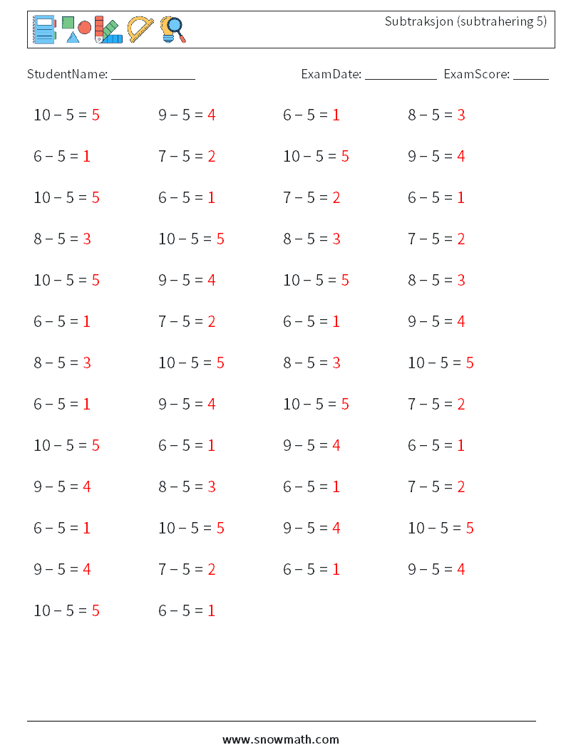 (50) Subtraksjon (subtrahering 5) MathWorksheets 4 QuestionAnswer