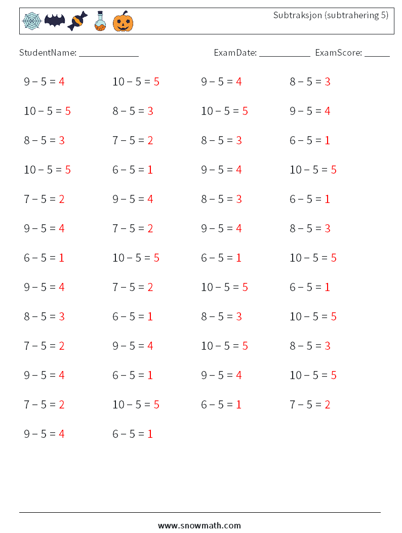 (50) Subtraksjon (subtrahering 5) MathWorksheets 8 QuestionAnswer