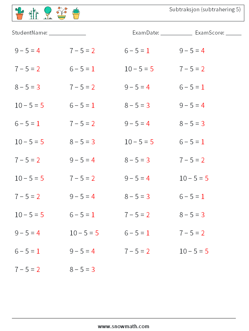(50) Subtraksjon (subtrahering 5) MathWorksheets 9 QuestionAnswer